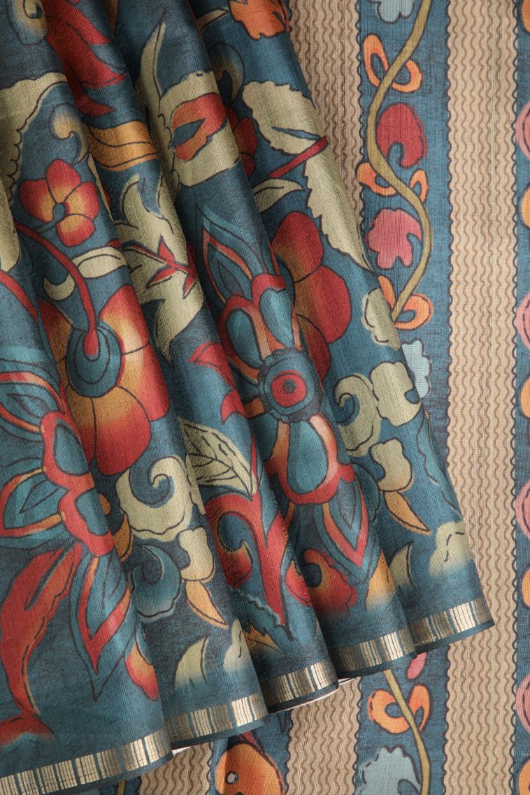 Stone Blue Semi Tussar Silk with Gold Zari Floral Patterns view 1