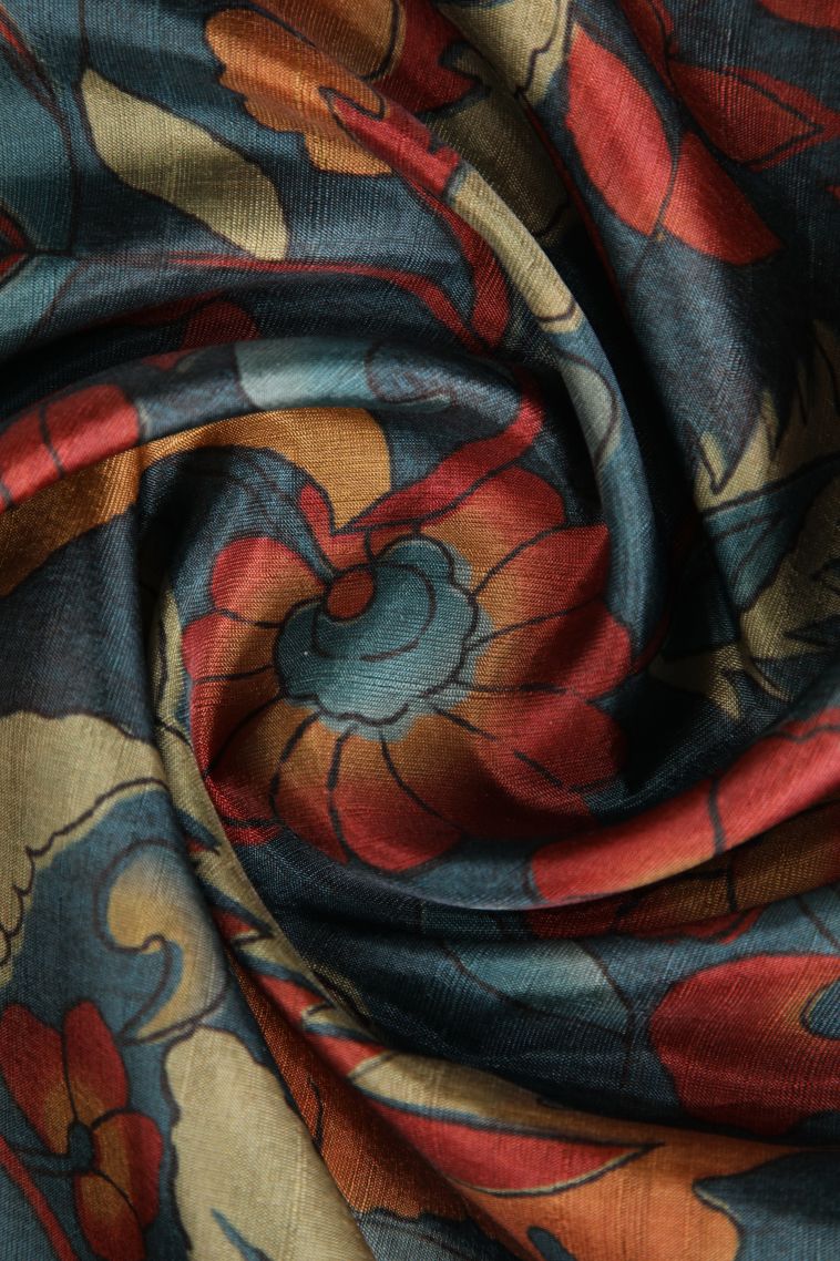 Stone Blue Semi Tussar Silk with Gold Zari Floral Patterns view 4