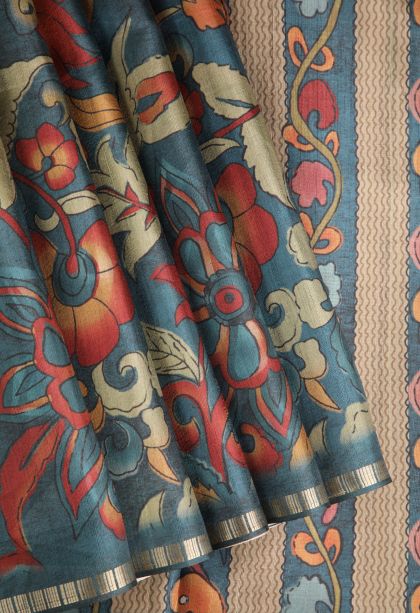 Stone Blue Semi Tussar Silk with Gold Zari Floral Patterns