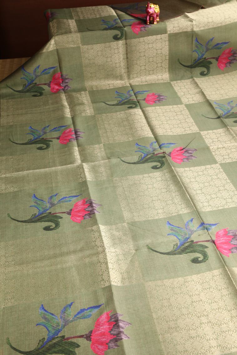 Pistachio Green Tussar Saree with Antic Zari Floral Puttas view 2