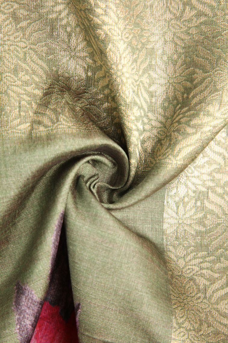 Pistachio Green Tussar Saree with Antic Zari Floral Puttas view 4