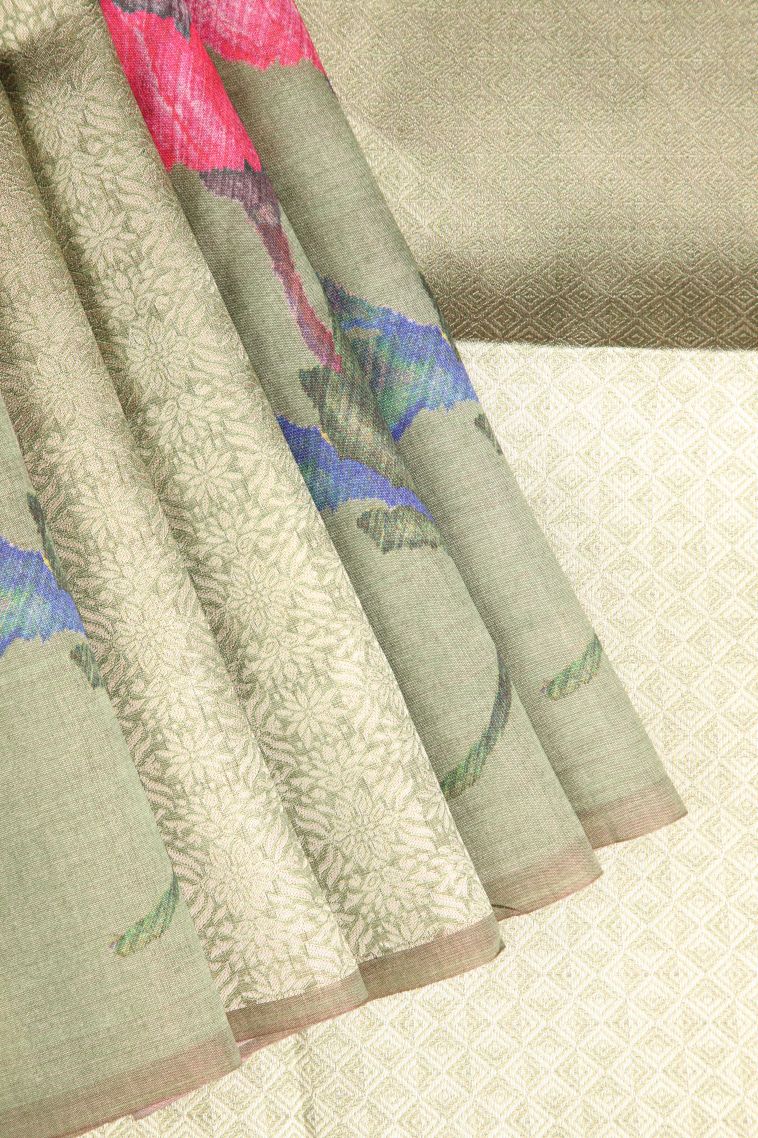 Pistachio Green Tussar Saree with Antic Zari Floral Puttas view 1