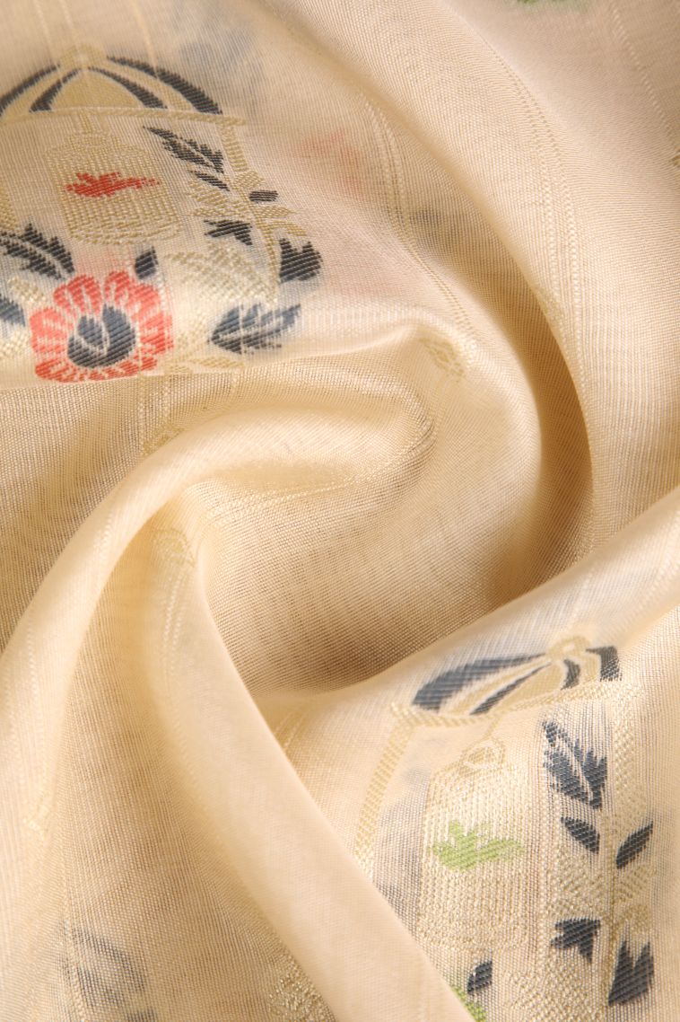 Vanilla Custard Yellow Banaras Sarees with Silver Zari Birds And Floral Pattern view 4