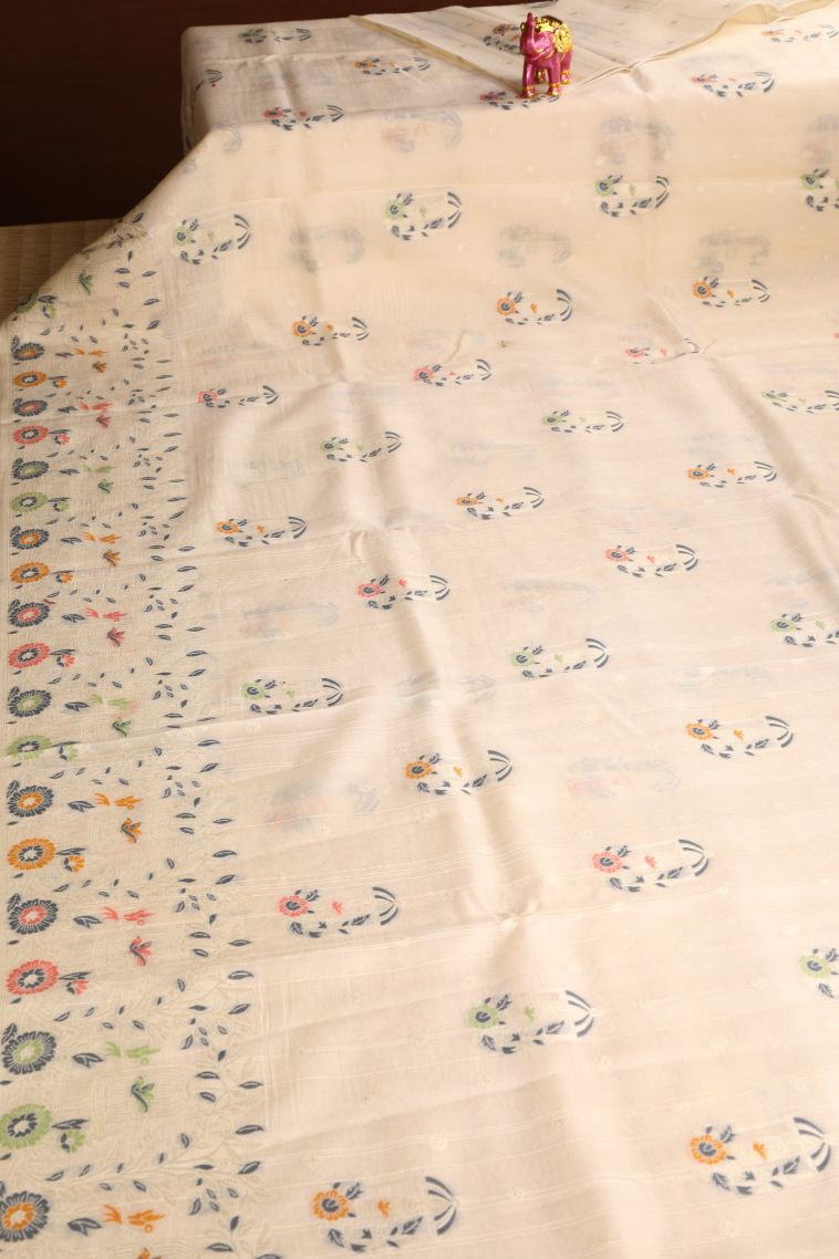 Vanilla Custard Yellow Banaras Sarees with Silver Zari Birds And Floral Pattern view 2