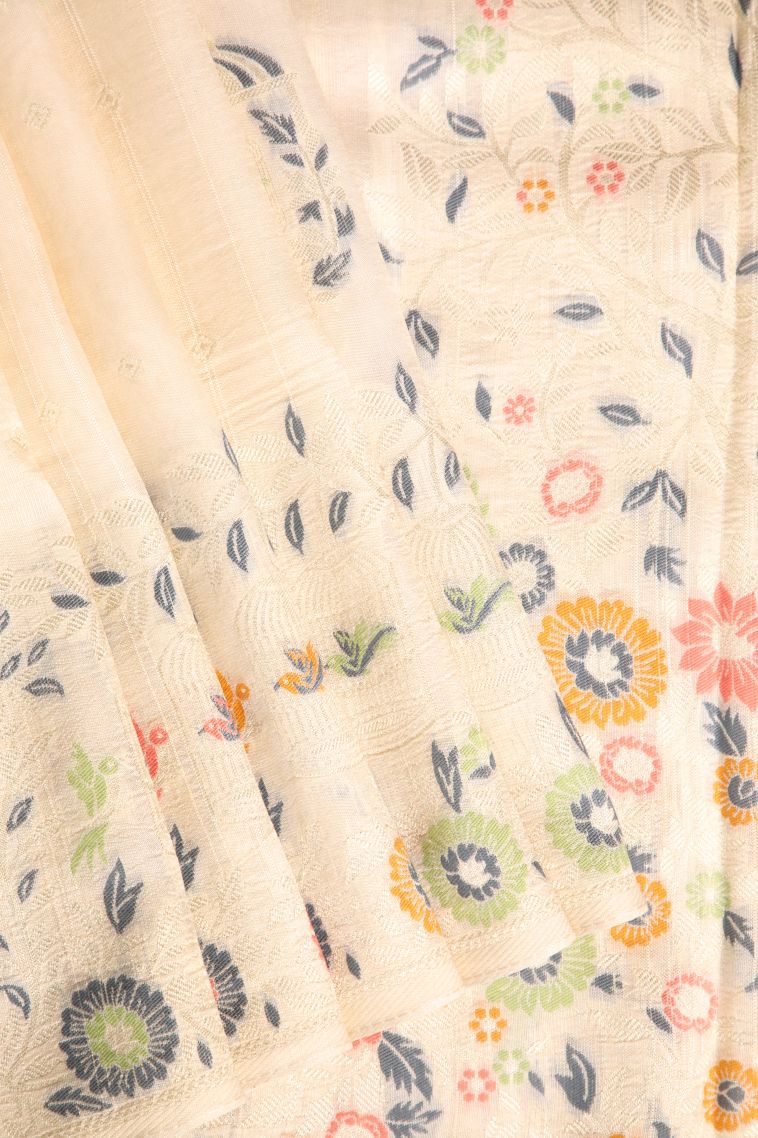 Vanilla Custard Yellow Banaras Sarees with Silver Zari Birds And Floral Pattern view 1