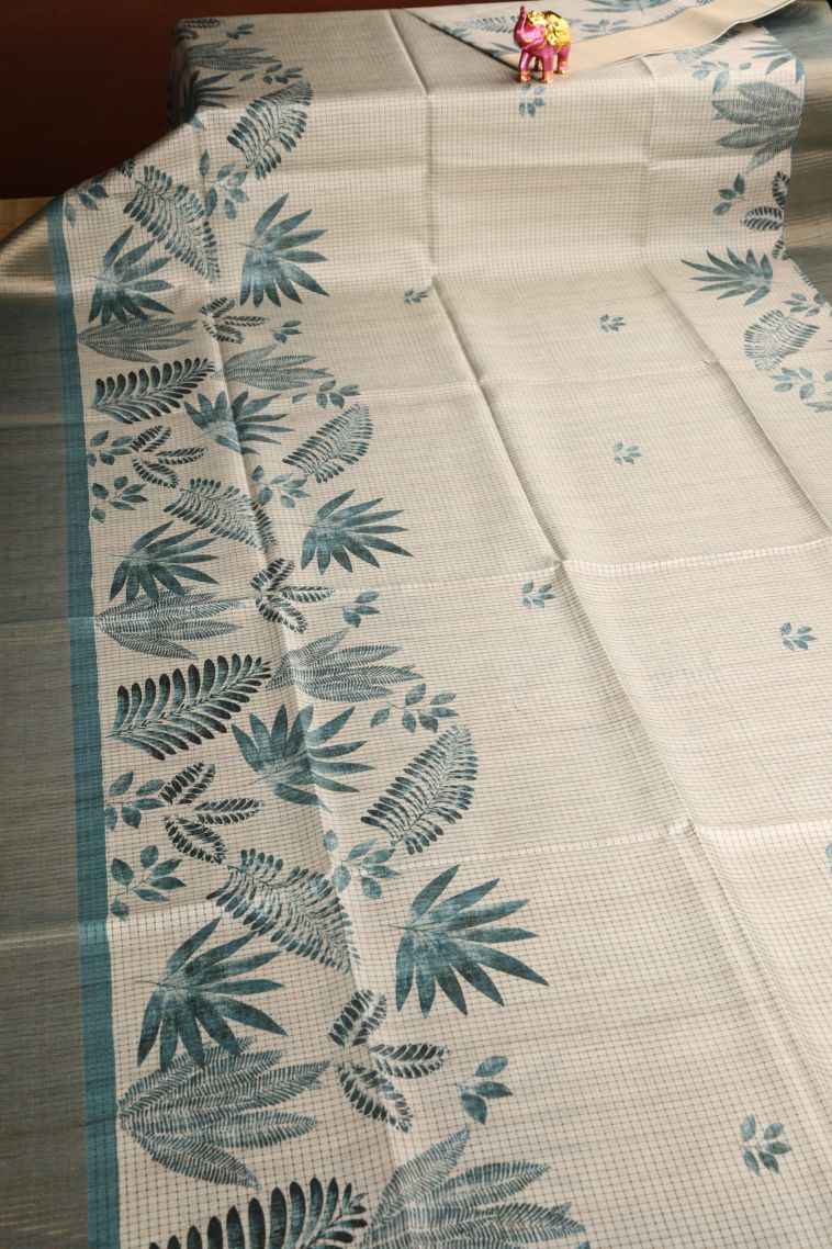 Cream White Semi Tussar Silk with Gold Zari Leaf Pattern view 2