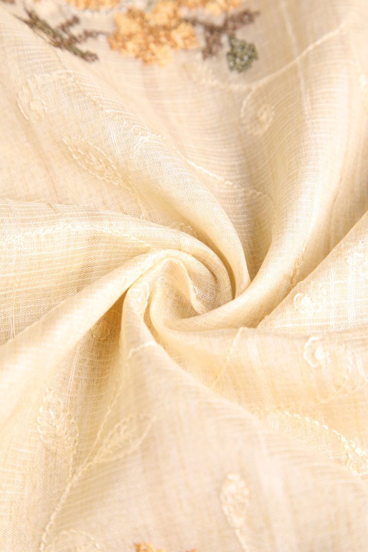 Cream White Semi Tussar Silk with Gold Zari Floral Patterns view 4
