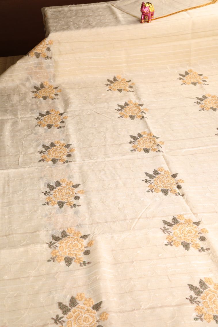 Cream White Semi Tussar Silk with Gold Zari Floral Patterns view 2