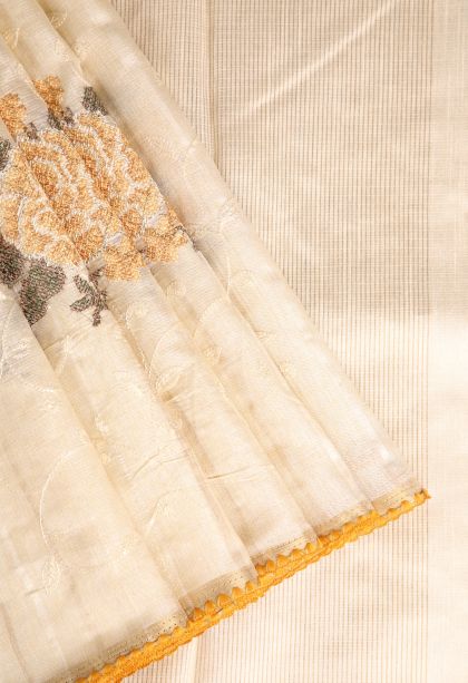Cream White Semi Tussar Silk with Gold Zari Floral Patterns