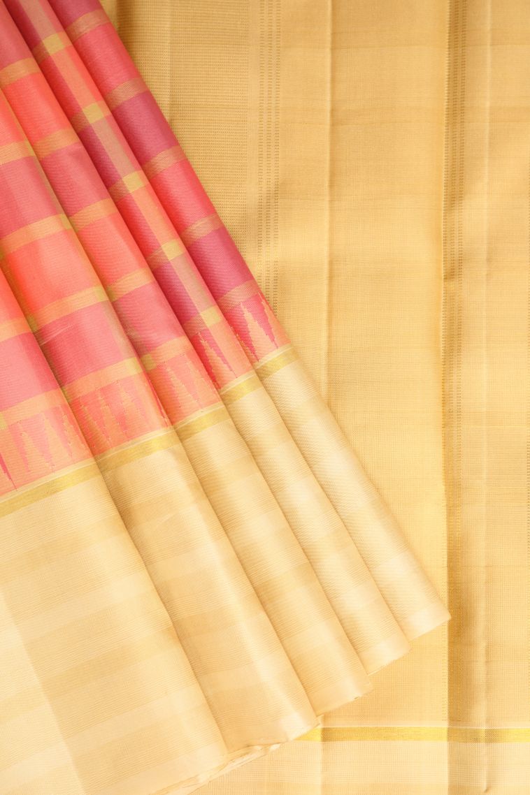 Coral Pink Kanchipuram Silk Sarees with Gold Zari Checks