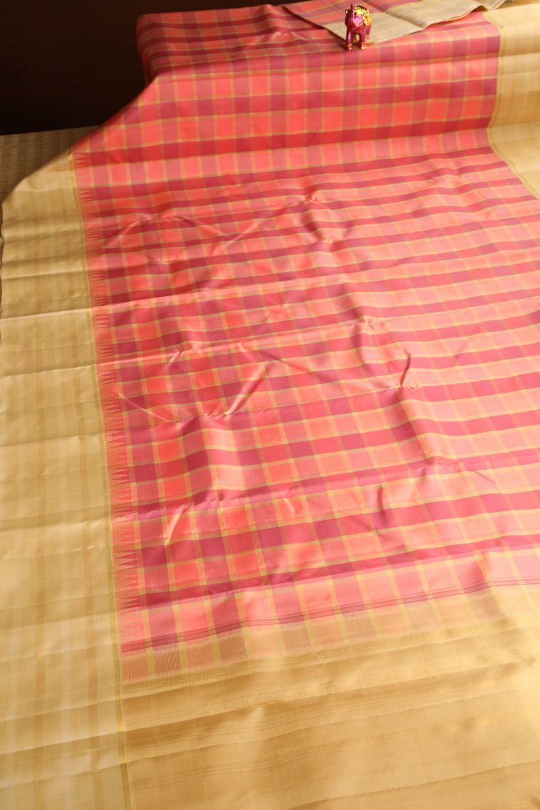 Coral Pink Kanchipuram Silk Sarees with Gold Zari Checks view 2