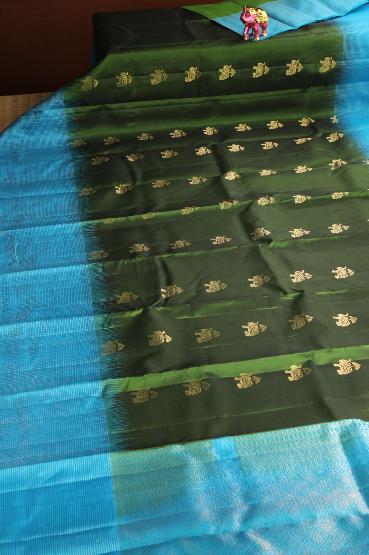 Juniper Green Soft Silk Saree with Gold And Silver Zari Eliphant Mottif view 2