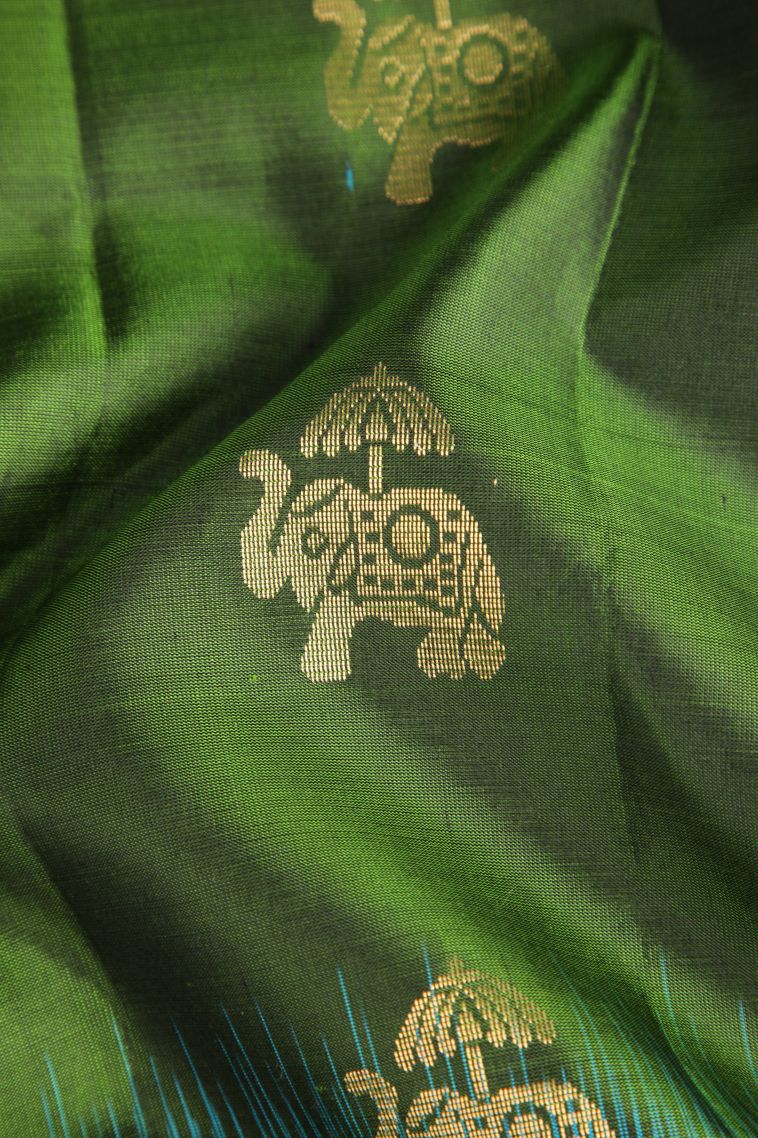 Juniper Green Soft Silk Saree with Gold And Silver Zari Eliphant Mottif view 4
