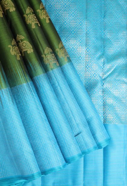 Juniper Green Soft Silk Saree with Gold And Silver Zari Eliphant Mottif
