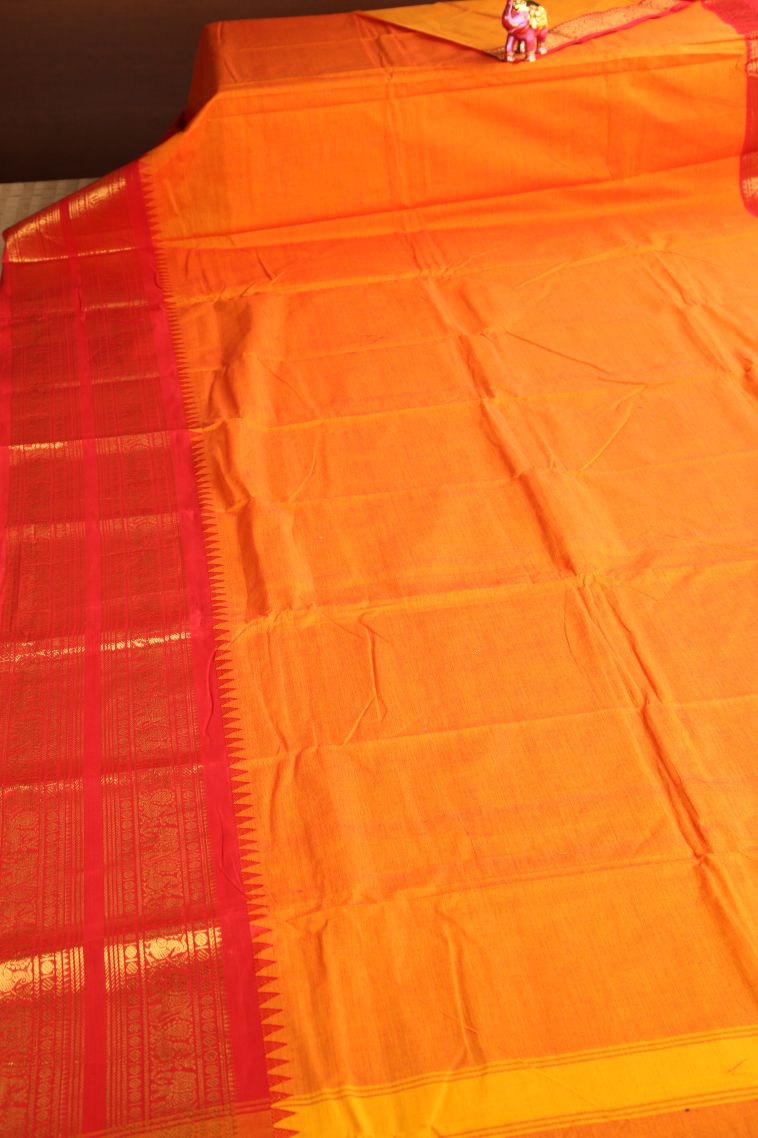 Tangerine Orange Chettinad Cotton Sarees with Gold Zari Plain With Border view 2