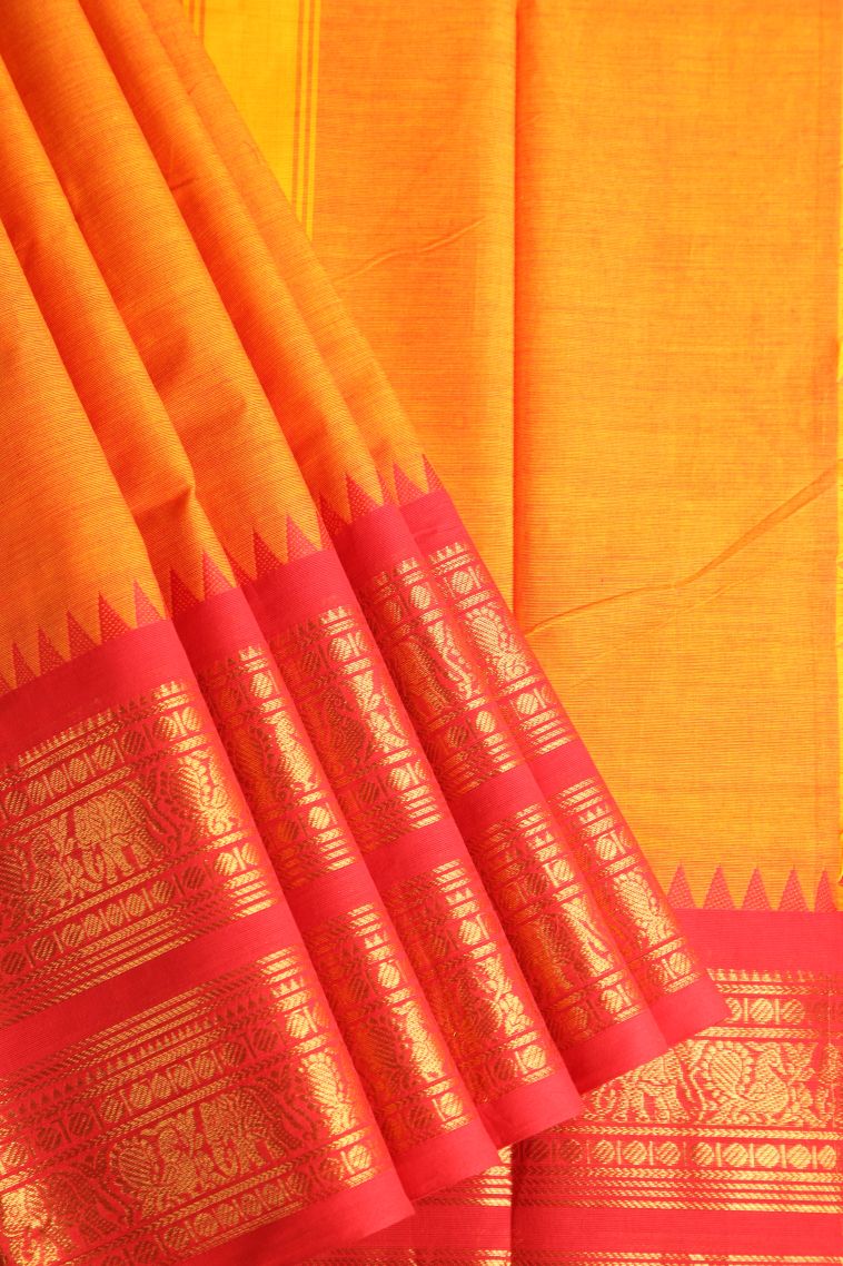 Tangerine Orange Chettinad Cotton Sarees with Gold Zari Plain With Border view 1