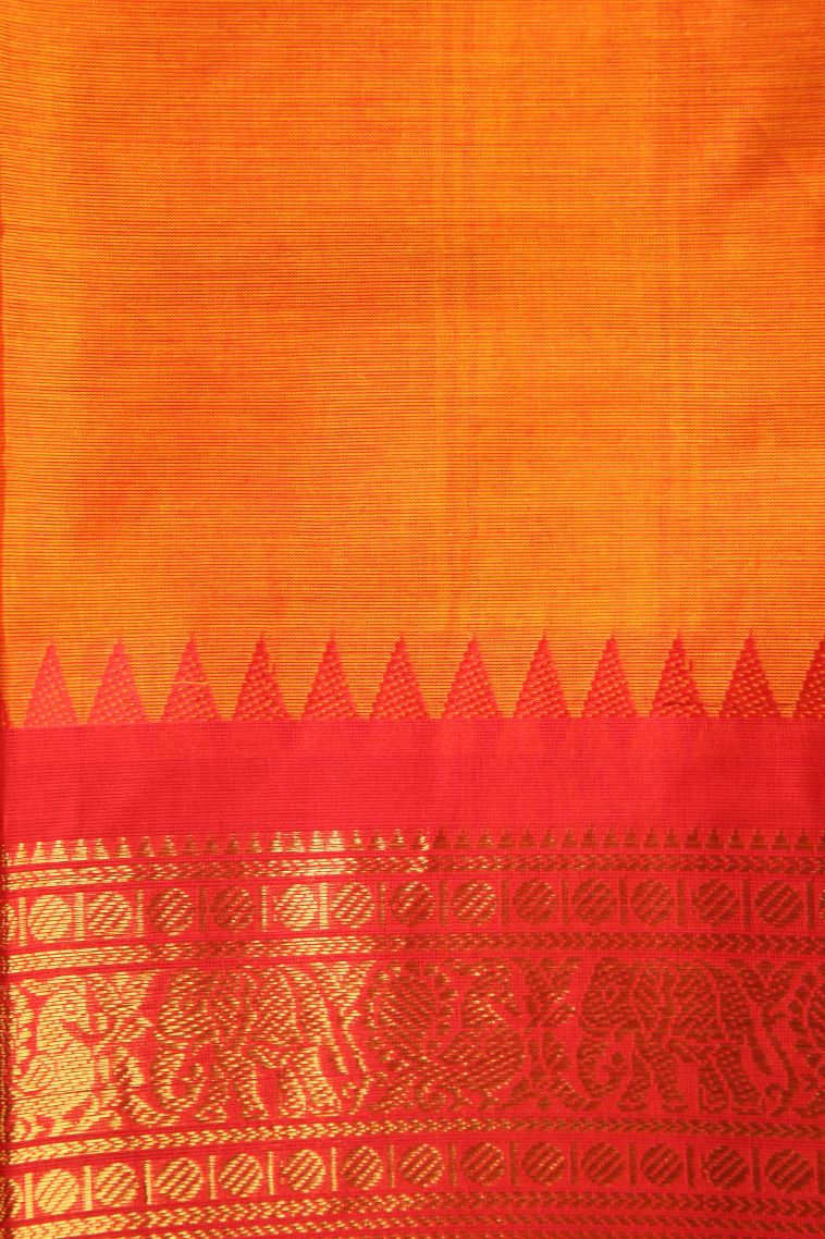 Tangerine Orange Chettinad Cotton Sarees with Gold Zari Plain With Border view 3