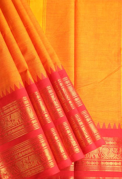 Tangerine Orange Chettinad Cotton Sarees with Gold Zari Plain With Border