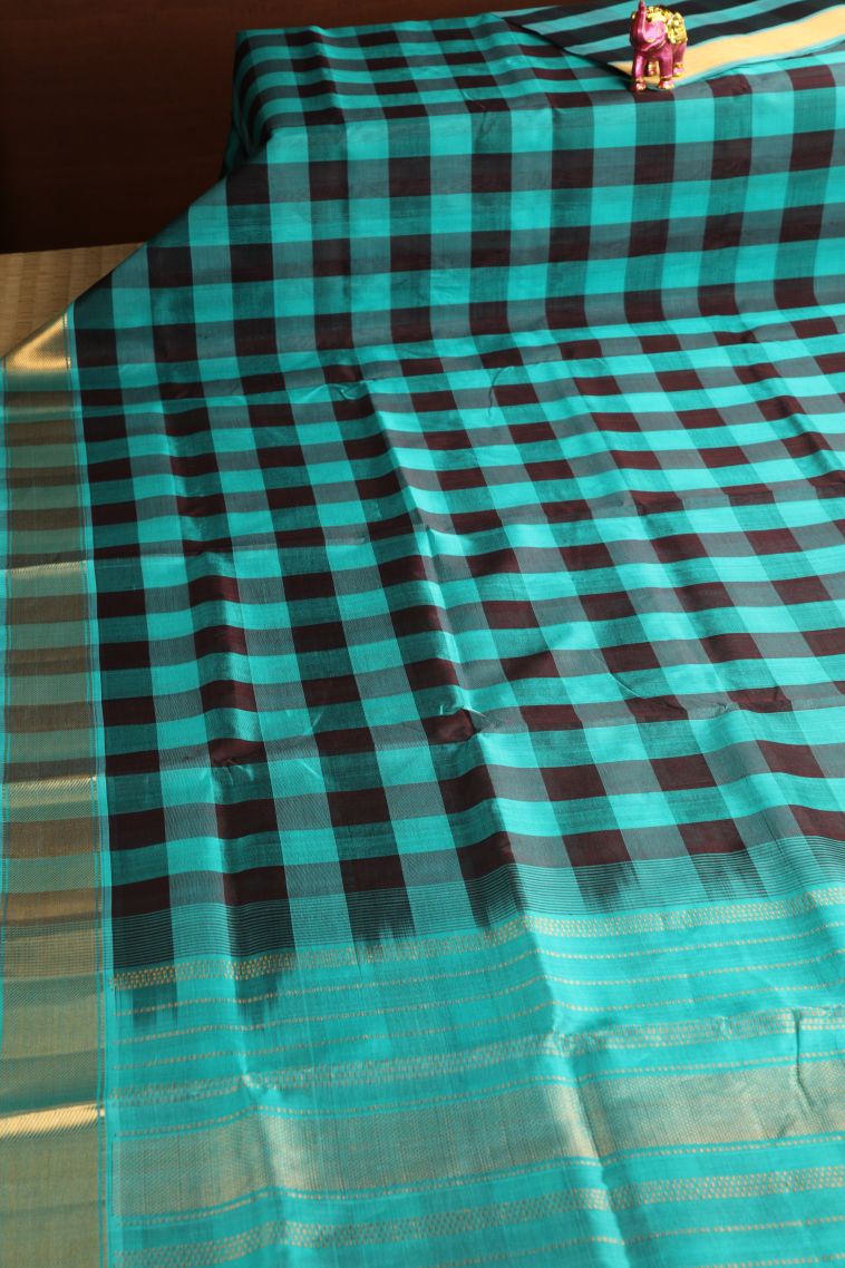 Teal Blue Silk Cotton with Gold Zari Checks view 2