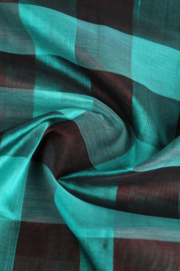 Teal Blue Silk Cotton with Gold Zari Checks view 4