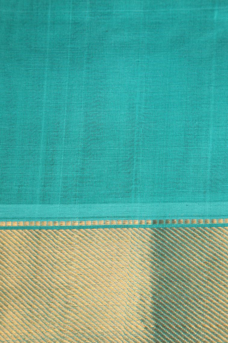 Teal Blue Silk Cotton with Gold Zari Checks view 3