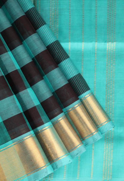 Teal Blue Silk Cotton with Gold Zari Checks