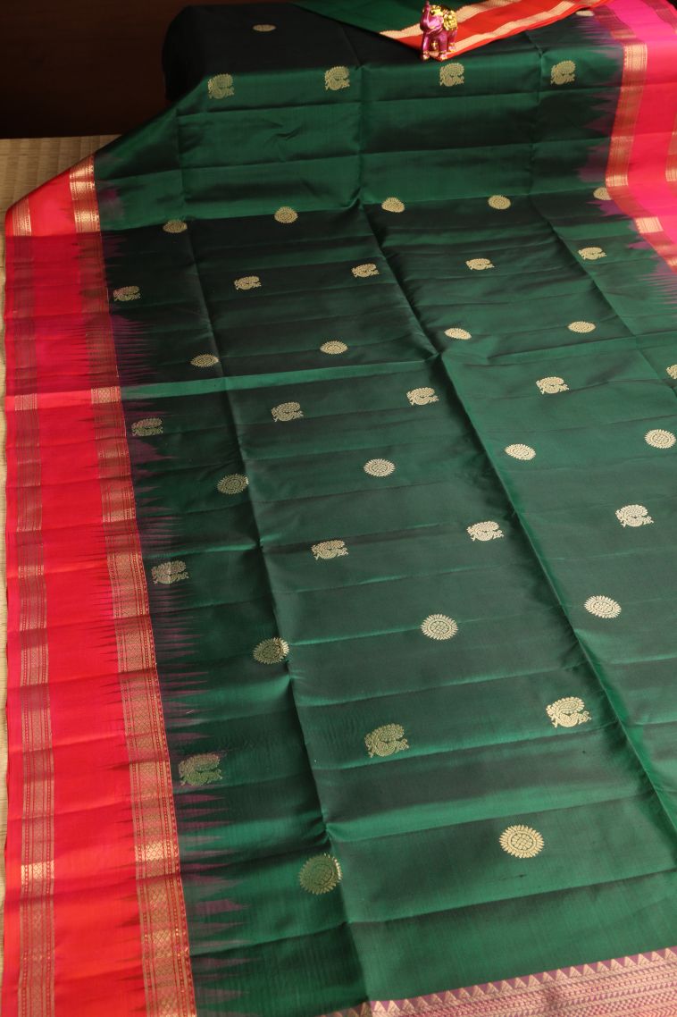 Pine Green Soft Silk Saree with Gold Zari Peacock And Rudhractam view 2