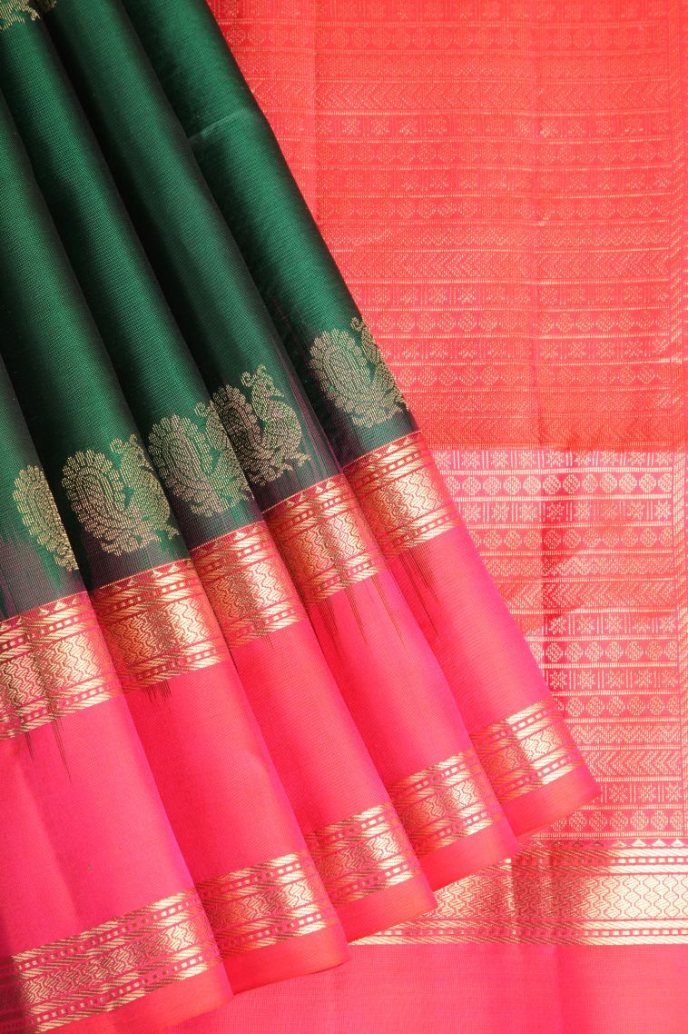 Pine Green Soft Silk Saree with Gold Zari Peacock And Rudhractam view 1