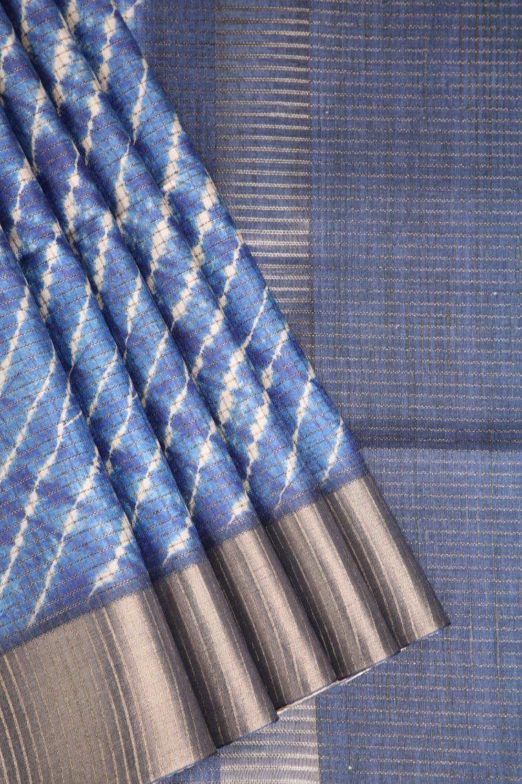 Daffane Blue Semi Tussar Silk with Gold Zari Pathik Motifs