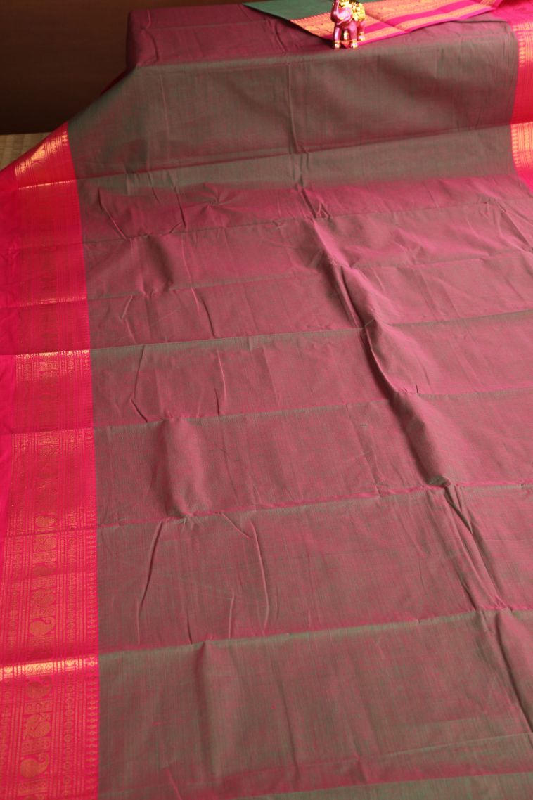 Watermelon Pink Chettinad Cotton Sarees with Gold Zari Plain With Border view 2