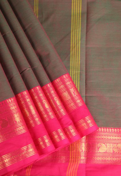 Watermelon Pink Chettinad Cotton Sarees with Gold Zari Plain With Border