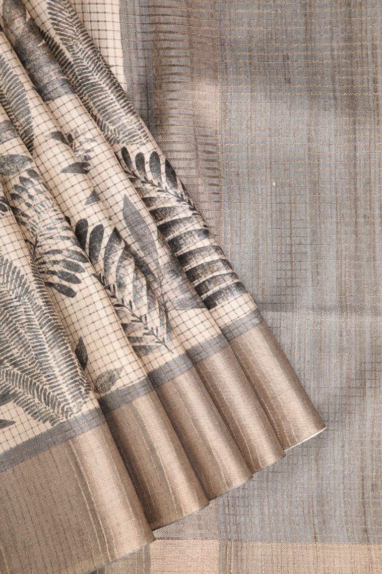 Vanilla Custard Yellow Semi Tussar Silk with Gold Zari Leaf Pattern view 1