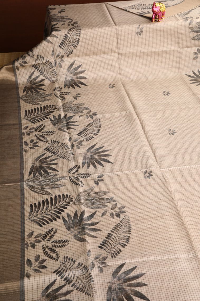 Vanilla Custard Yellow Semi Tussar Silk with Gold Zari Leaf Pattern view 2