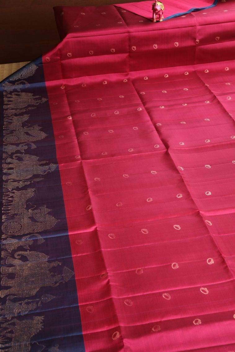 Punch Pink Soft Silk Saree with Gold Zari Ring Design view 2