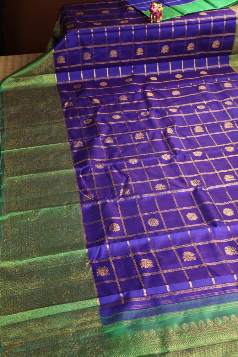 Cobalt Blue Kanchipuram Silk Sarees with Gold Zari Checks view 2