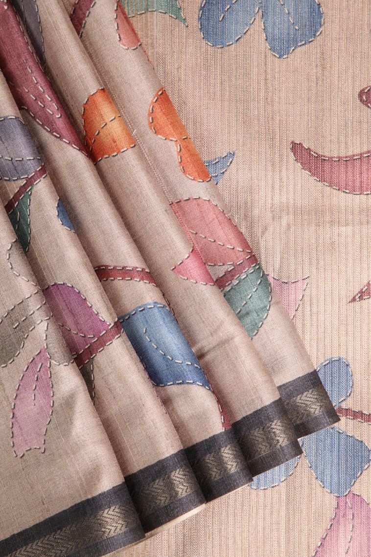 Vanilla Custard Yellow Semi Tussar Silk with Gold Zari Leaf Pattern view 1