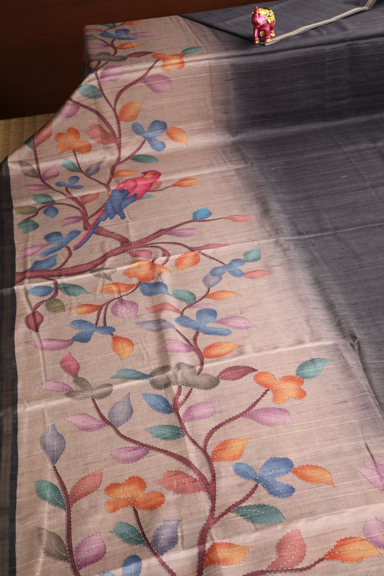 Vanilla Custard Yellow Semi Tussar Silk with Gold Zari Leaf Pattern view 2