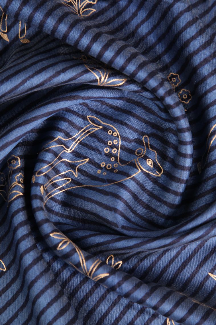 Daffane Blue Semi Raw Silk Printed with Without Zari Zari Animal  Mottif view 4