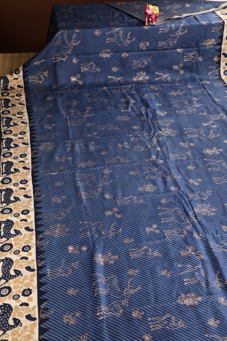 Daffane Blue Semi Raw Silk Printed with Without Zari Zari Animal  Mottif view 2
