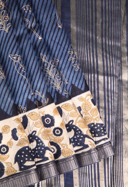 Daffane Blue Semi Raw Silk Printed with Without Zari Zari Animal  Mottif