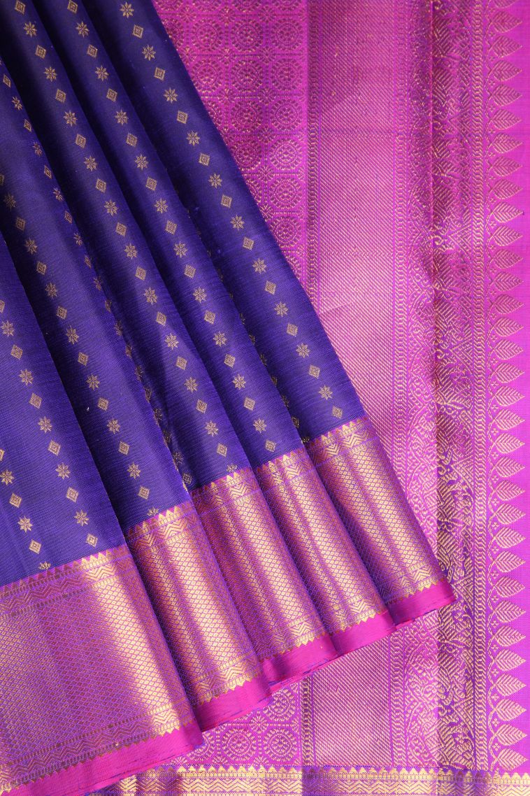 Azure Blue Kanchipuram Silk Sarees with Gold Zari Floral Puttas view 1