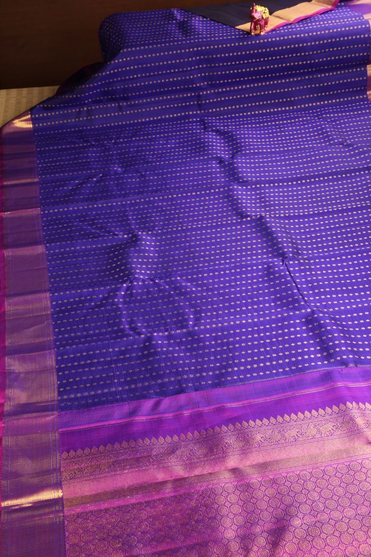 Azure Blue Kanchipuram Silk Sarees with Gold Zari Floral Puttas view 2