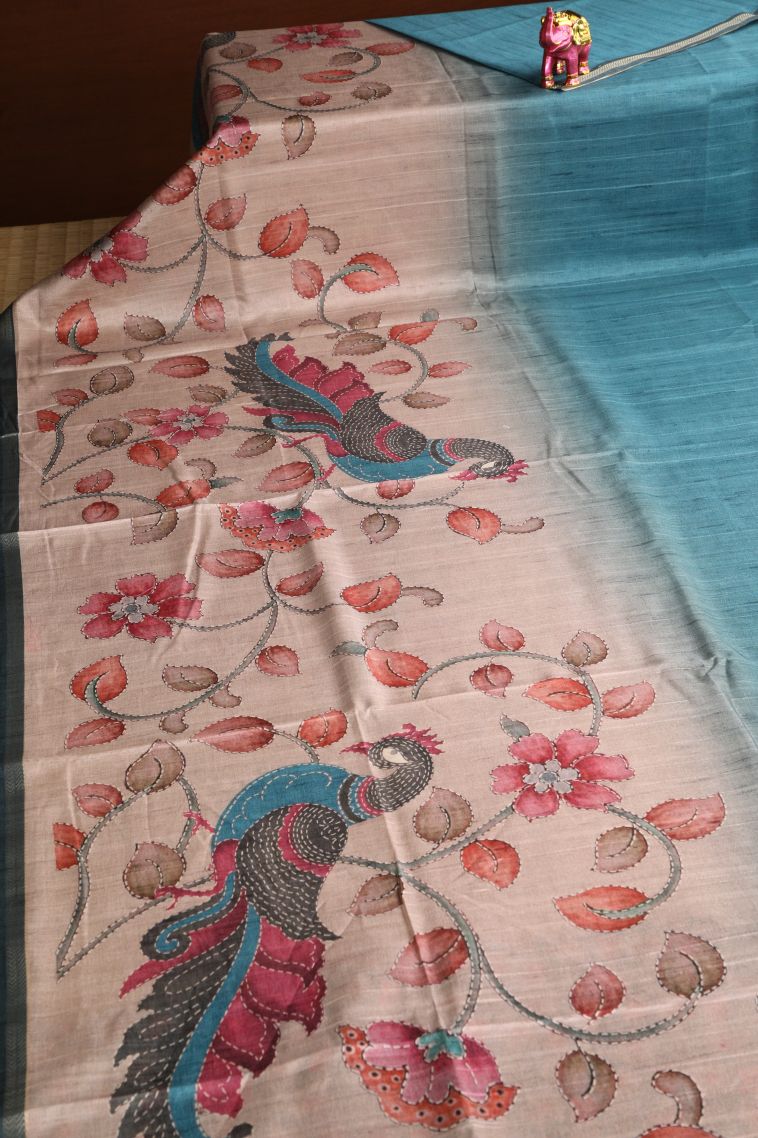 Cerulean Blue Semi Tussar Silk with Gold Zari Floral Patterns view 2