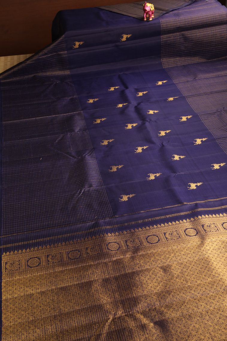 Berry Blue Kanchipuram Silk Sarees with Gold Zari Checks And Animal view 2