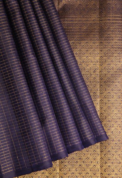 Berry Blue Kanchipuram Silk Sarees with Gold Zari Checks And Animal