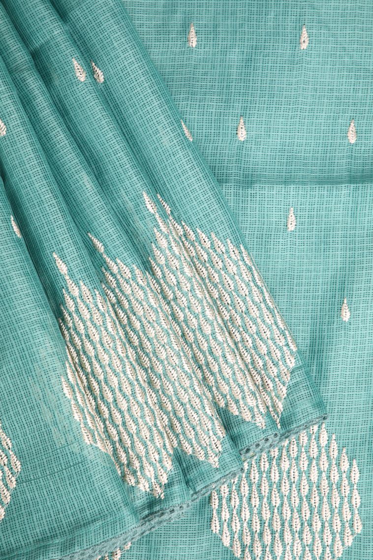 Teal Blue Manipuri Cotton Sarees with Without Zari Zari Puttas view 1