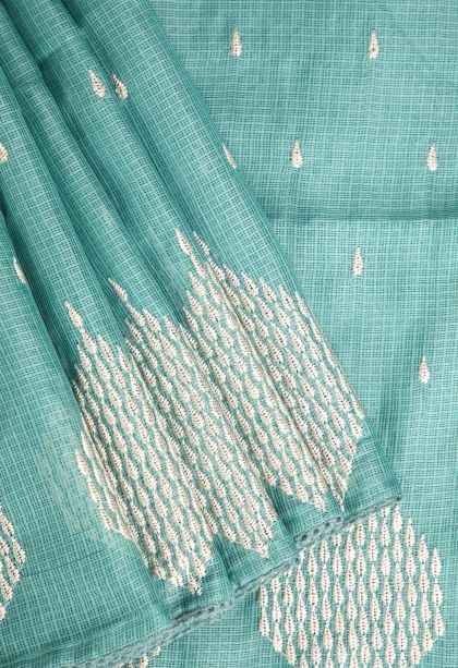 Teal Blue Manipuri Cotton Sarees with Without Zari Zari Puttas