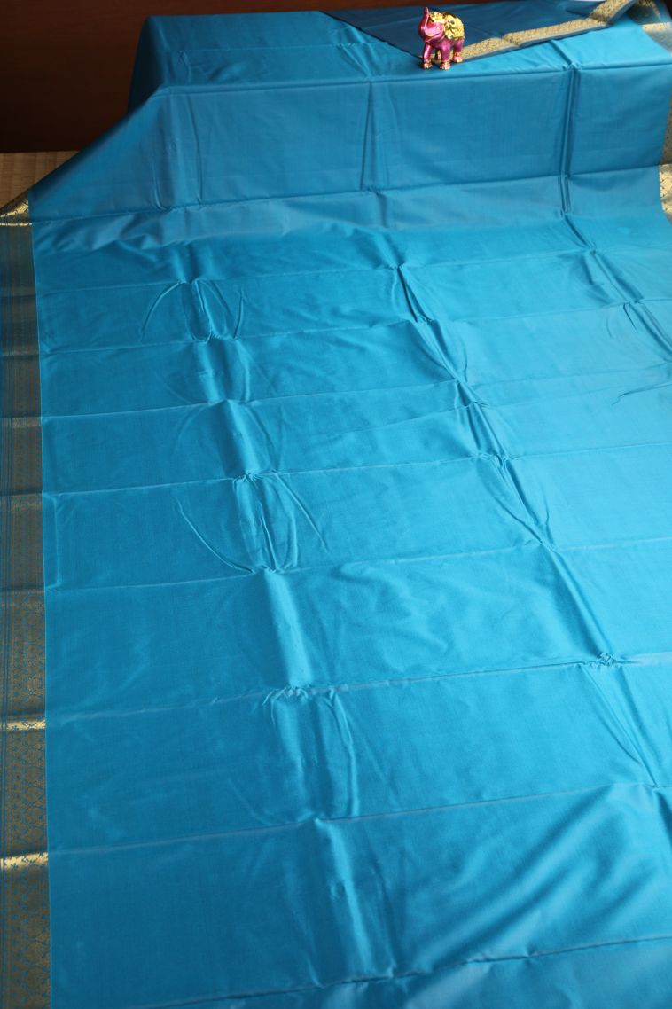 Cerulean Blue Apoorva Silk Sarees with Gold Zari Plain view 2