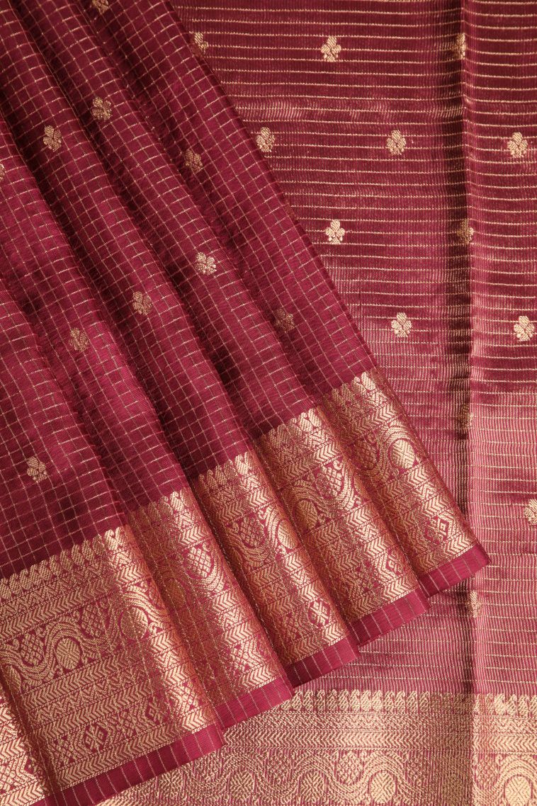 Cherry  Red Banaras Sarees with Gold Zari Checks And Puttas view 1