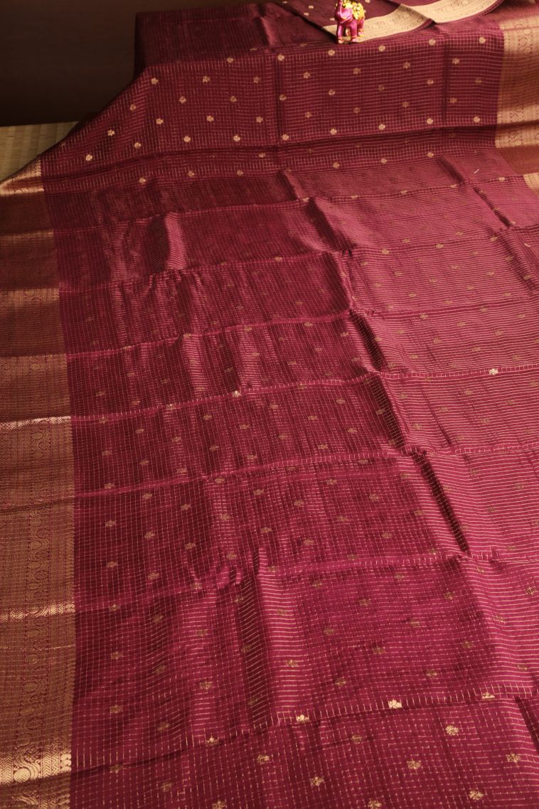 Cherry  Red Banaras Sarees with Gold Zari Checks And Puttas view 2